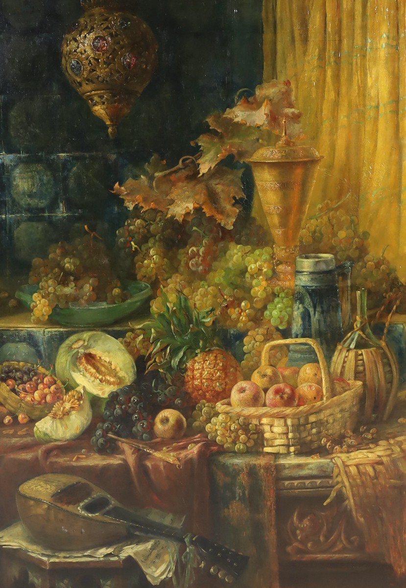 John Frank Swingler (British, 1850-1900), Still life of fruits, a gold vessel and a mandolin upon a table top, oil on canvas, 136 x 95cm